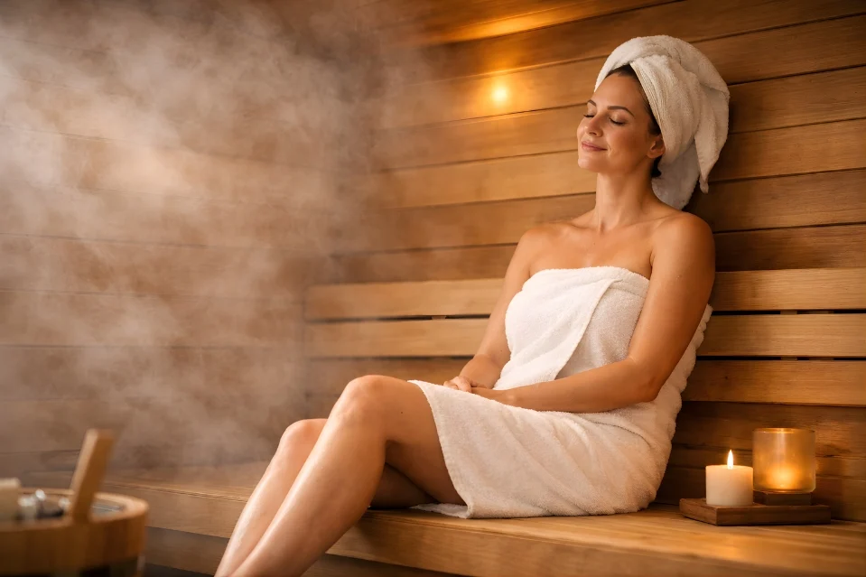 Sauna health benefits seen in a relaxing sauna session with heat and steam promoting wellness