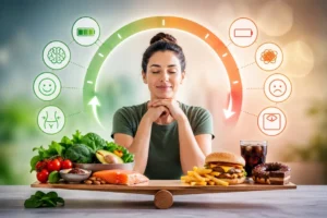 Balanced blood sugar concept showing healthy vs unhealthy food choices impacting energy, mood, and weight